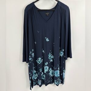 J.Jill Wearever V Neck Floral Tunic Boho Navy Blue Shirred Size Medium tall MT
